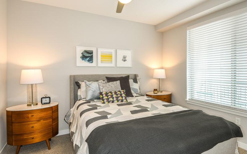 a bedroom with a bed and lamps