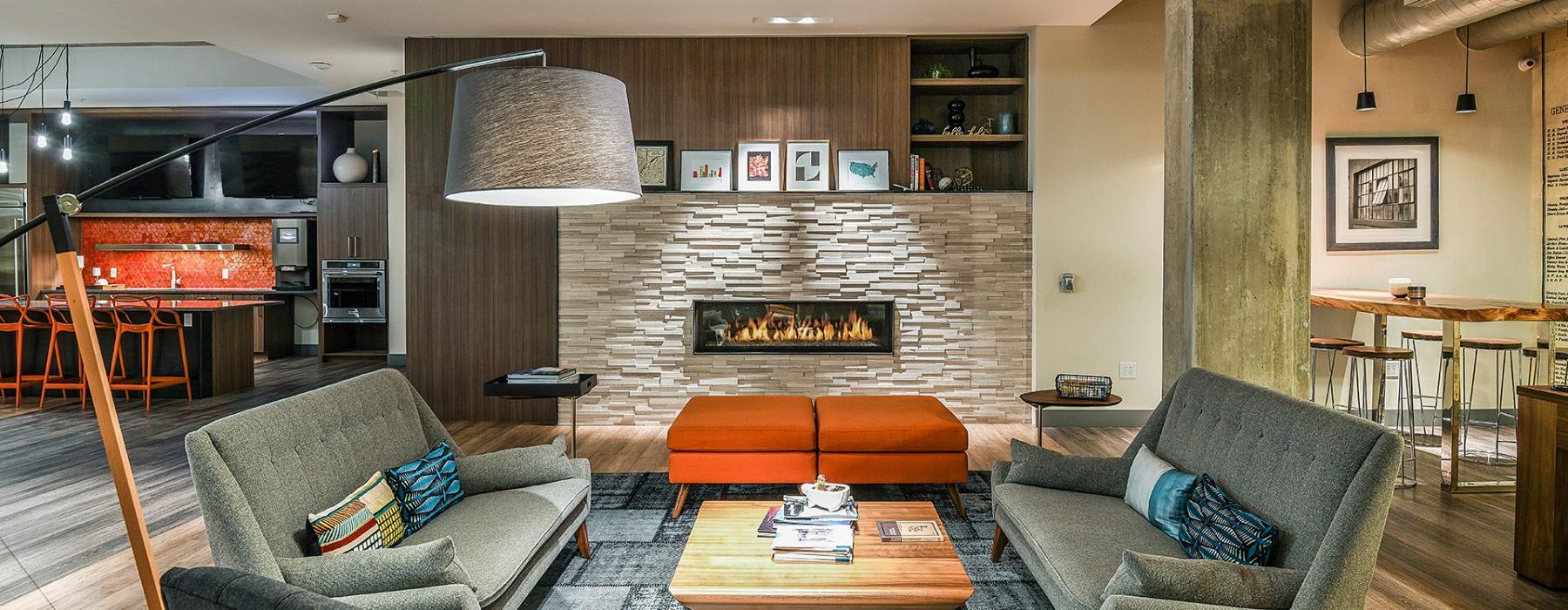 a living room with a fireplace